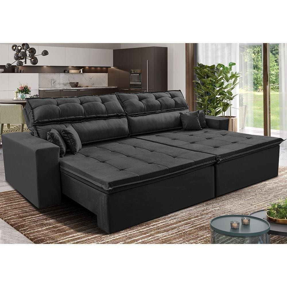 Sofá Retrátil E Reclinável 3,12m Luxos Cama Inbox Velusoft Preto
