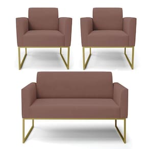 Sofá Namoradeira Com 2 Poltronas Base Industrial Dourado Marisa Veludo D03 - D\`rossi Cor Rose