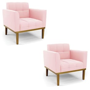 Poltrona Base De Madeira Fixa Castanho Kit 2 Elisa Suede D03 - D\`rossi Cor Rosa Bebê
