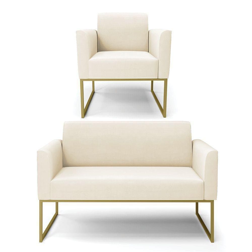 Sofá Namoradeira Com Poltrona Base Industrial Dourado Marisa Veludo D03 - D\`rossi Cor Bege