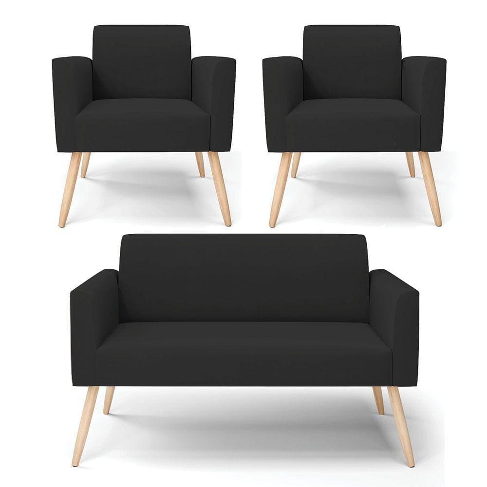Sofá Namoradeira Com 2 Poltronas Pés Palito Natural Marisa Veludo D03 - D\`rossi Cor Preto