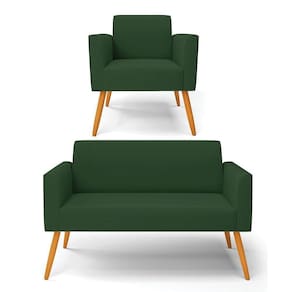 Sofá Namoradeira Com Poltrona Pés Palito Castanho Marisa Veludo D03 - D\`rossi Cor Verde