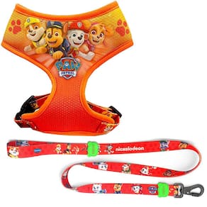 Kit Passeio Cães: Coleira Roupinha Colete Peitoral Patrulha Canina + Guia Cachorro Chalesco Paw Patrol Laranja