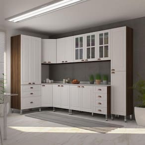 Armário De Cozinha C 8 Peças Com Tampos E Vidro Safira Luciane Móveis Nogueira-branco Pet-mármore