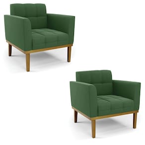 Poltrona Base De Madeira Fixa Castanho Kit 2 Elisa Suede D03 - D\`rossi Cor Verde