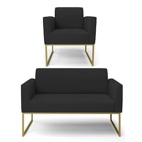 Sofá Namoradeira Com Poltrona Base Industrial Dourado Marisa Veludo D03 - D\`rossi Cor Preto
