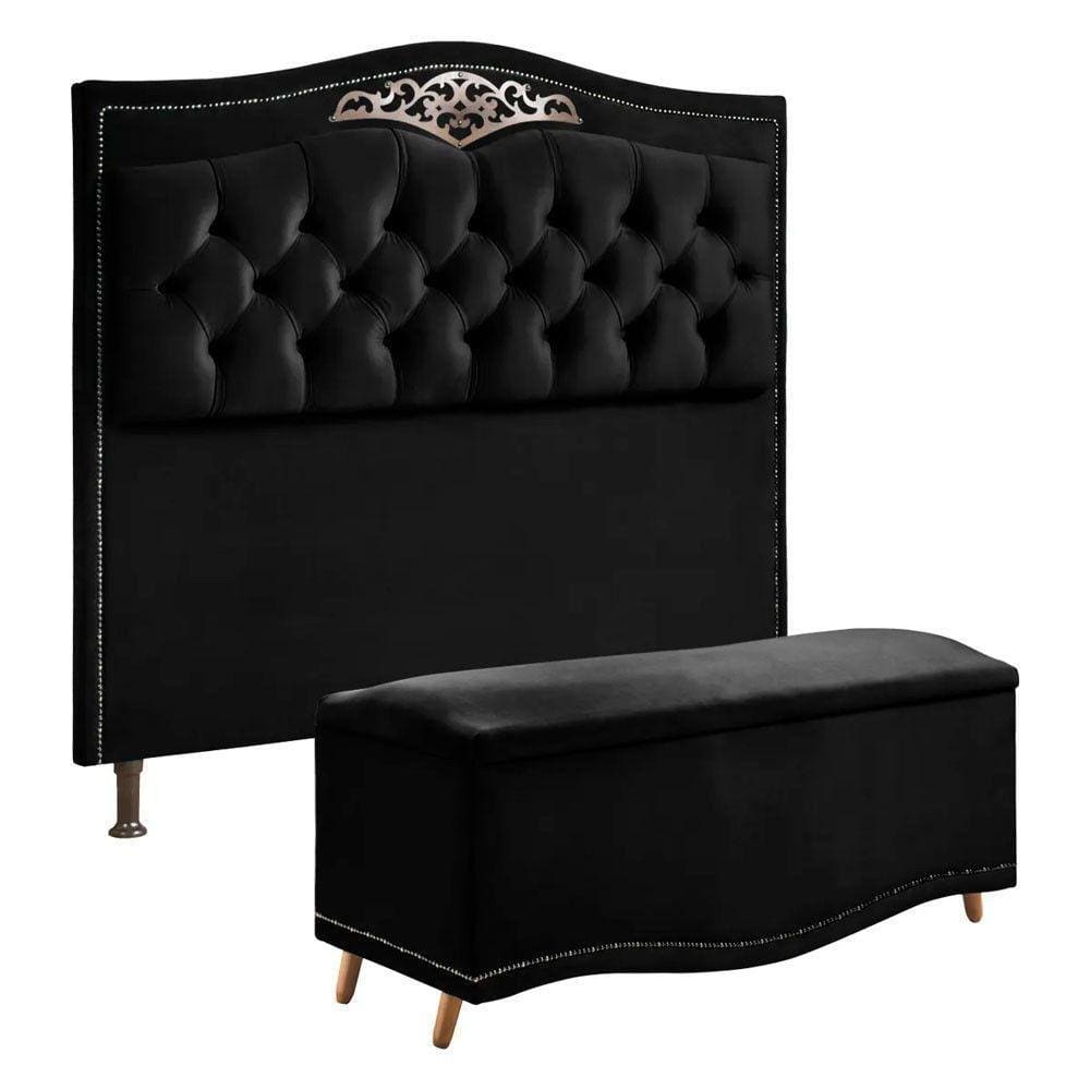 Conjunto Cabeceira E Calçadeira Holanda 140cm Veludo Speciale Home Preto