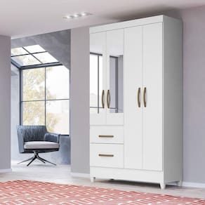 Guarda Roupa Solteiro 4 Portas Com Espelho 2 Gavetas Branco - Rosa - Azul - Lilas Flex Madri - Moval