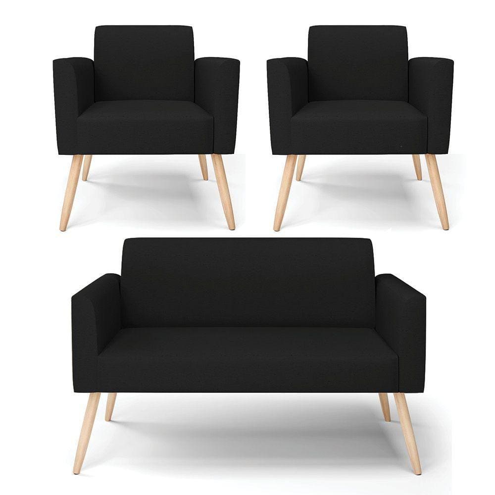 Sofá Namoradeira Com 2 Poltronas Pés Palito Natural Marisa Linho D03 - D\`rossi Cor A79 Preto
