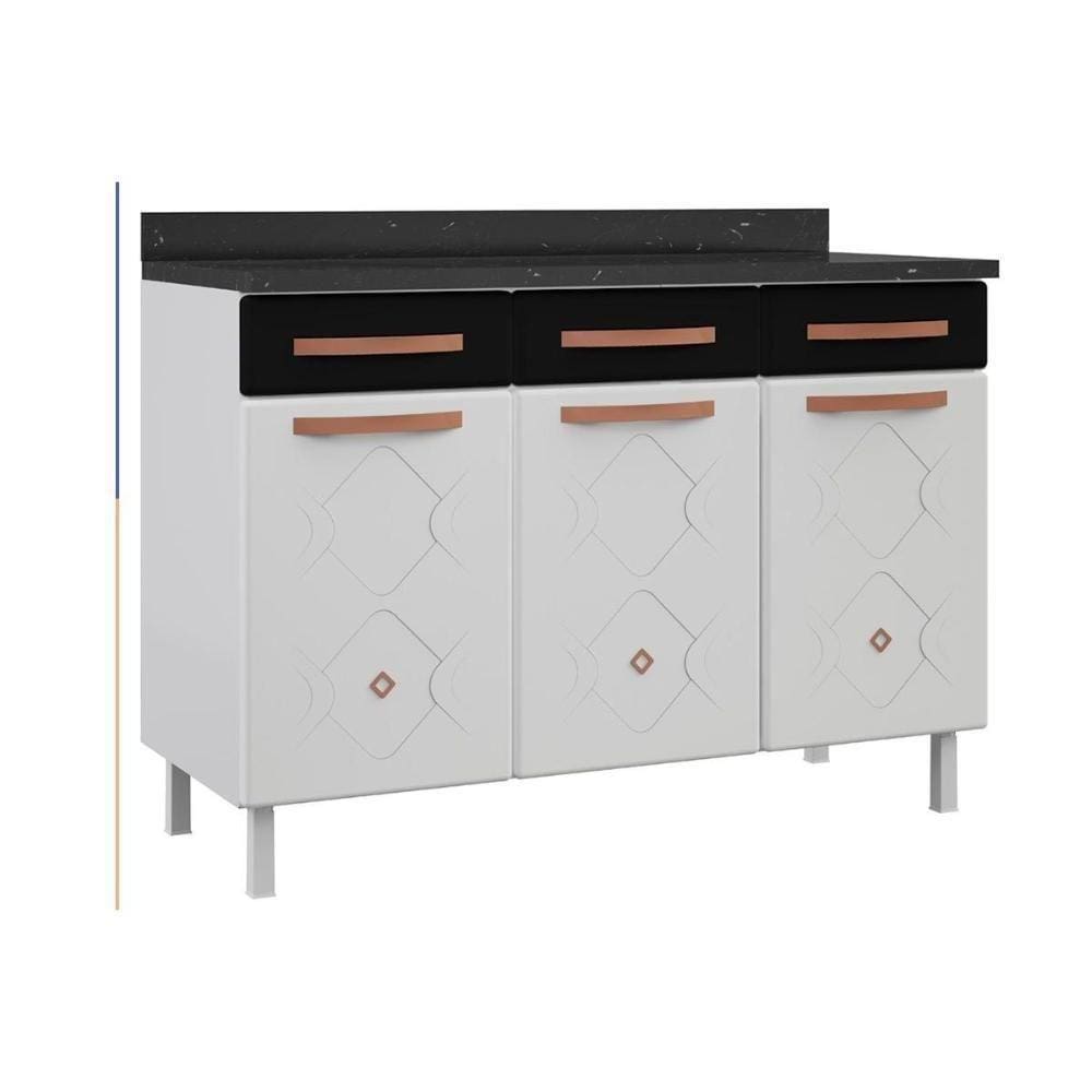 Gabinete P- Pia Cozinha Balcão Mirage New Aço 3 Portas E 3 Gavetas C-tampo 120cm Branco Preto