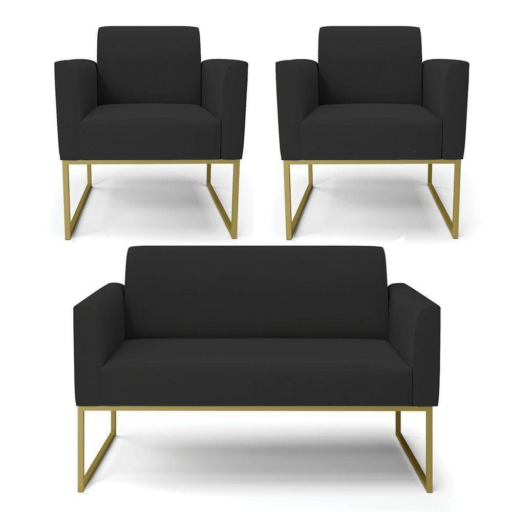 Sofá Namoradeira Com 2 Poltronas Base Industrial Dourado Marisa Veludo D03 - D\`rossi Cor Preto