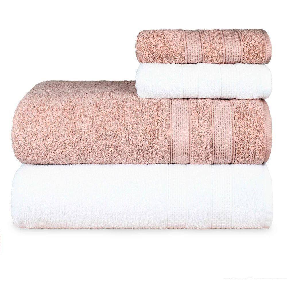 Jogo De Toalhas Fio Penteado Extra Macia 4 Peças - Comfort - Rosê + Branco
