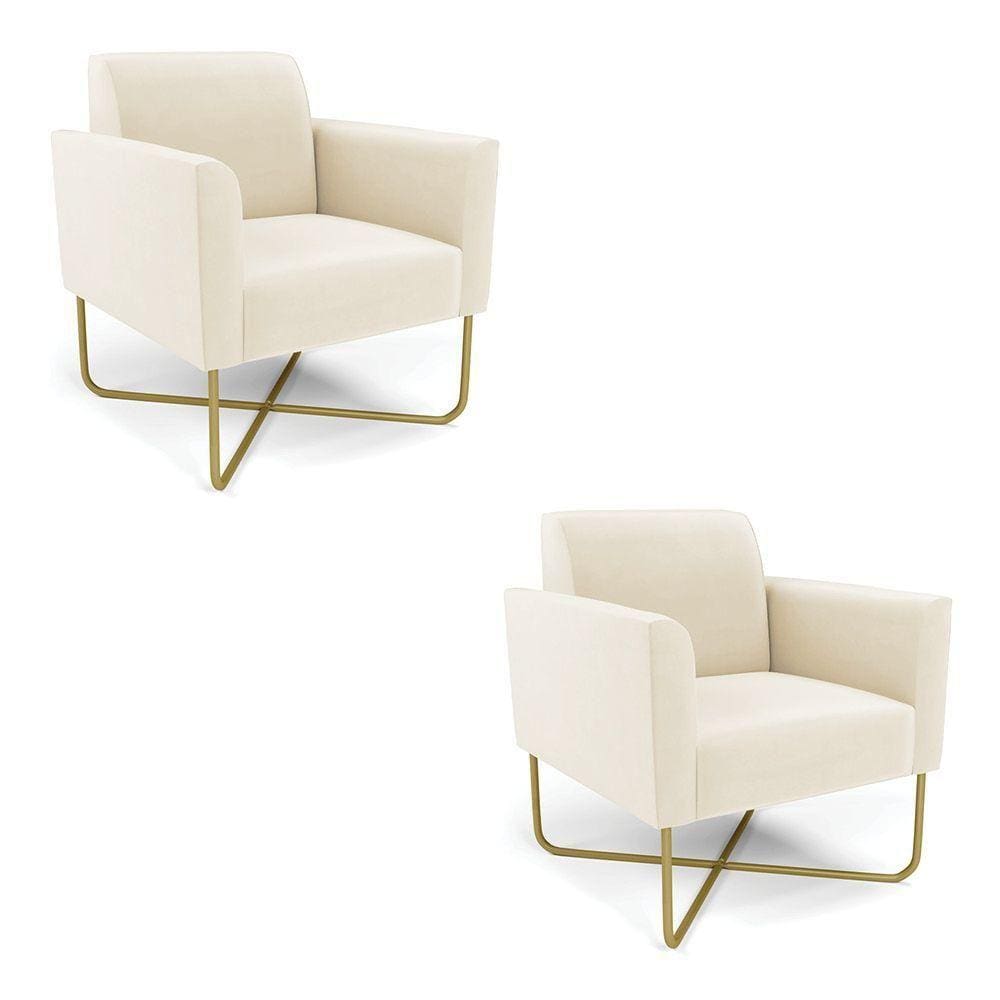Kit 2 Poltronas Base X Industrial Dourado Marisa Veludo Bege D03 - D\`rossi