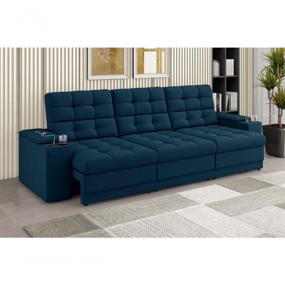 Sofá Confort Premium 2,30m Assento Retrátil/reclinável Porta Copos E Usb Suede Azul - Xflex Sofas