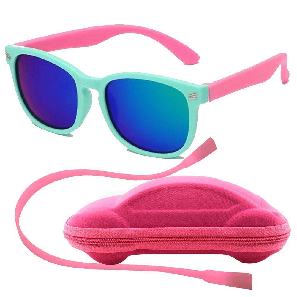 Óculos de Sol Flexível Infantil + Case + Cordão Verde Água e Rosa Espelhado
