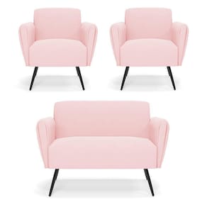 Sofá Namoradeira Com 2 Poltronas Pés Palito De Ferro Bruna Suede Rosa Bebê - D\`rossi