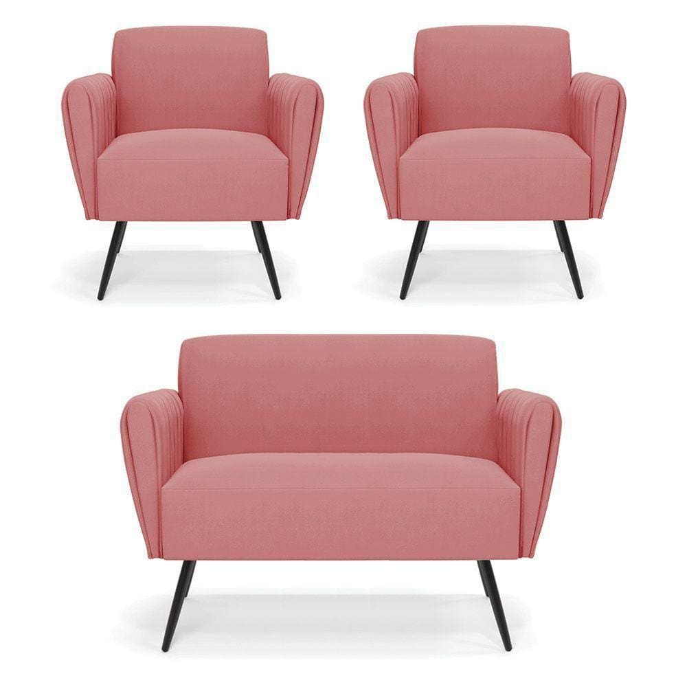 Sofá Namoradeira Com 2 Poltronas Pés Palito De Ferro Bruna Suede - D\`rossi Cor Rose