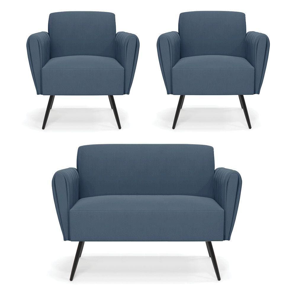 Sofá Namoradeira Com 2 Poltronas Pés Palito De Ferro Bruna Suede Azul Marinho - D\`rossi