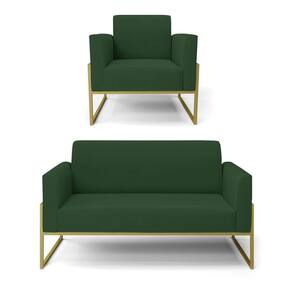 Sofá Namoradeira Com Poltrona Base Industrial Alta Dourado Marisa Veludo Verde D03 - D\`rossi