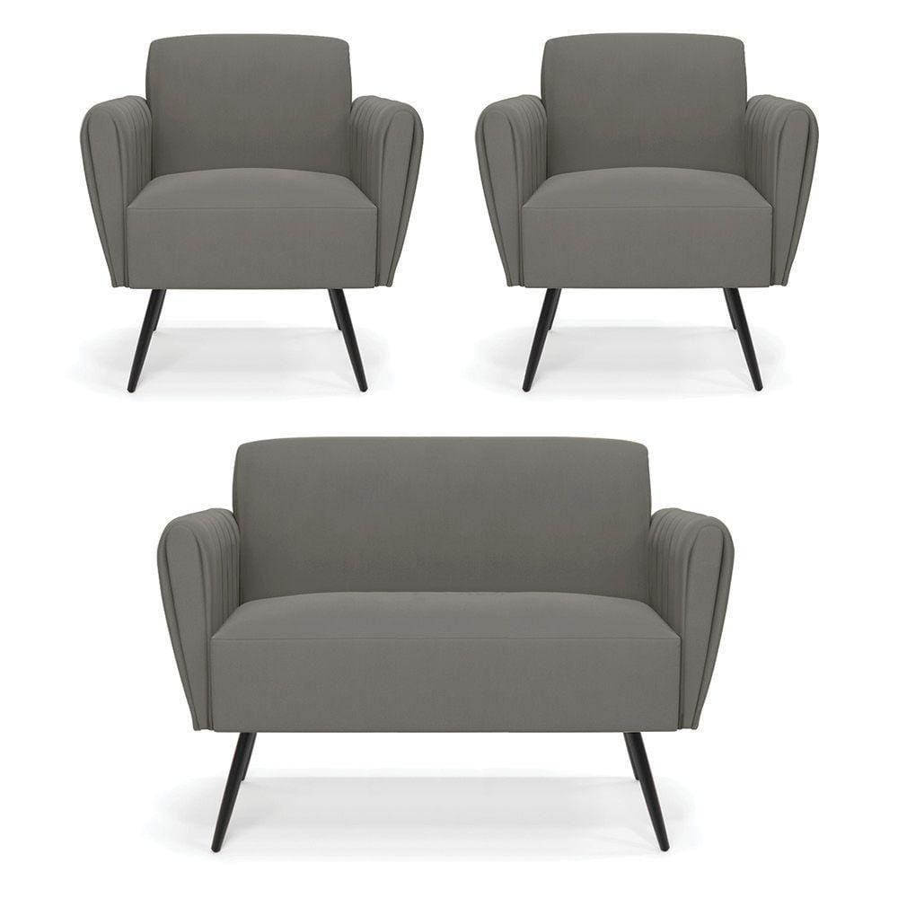 Sofá Namoradeira Com 2 Poltronas Pés Palito De Ferro Bruna Suede Grafite - D\`rossi