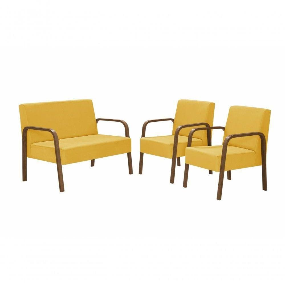 ConjPoltrona Luna Braço Madeira Suede Amarelo