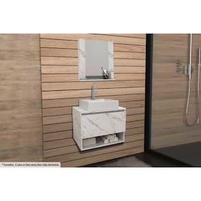 Conjunto De Banheiro Armário C- Espelho Bn3610 E Balcão Suspenso Bn3606 S- Cuba Pia 60cm Cor Mármore Branco - Tecno Mobili