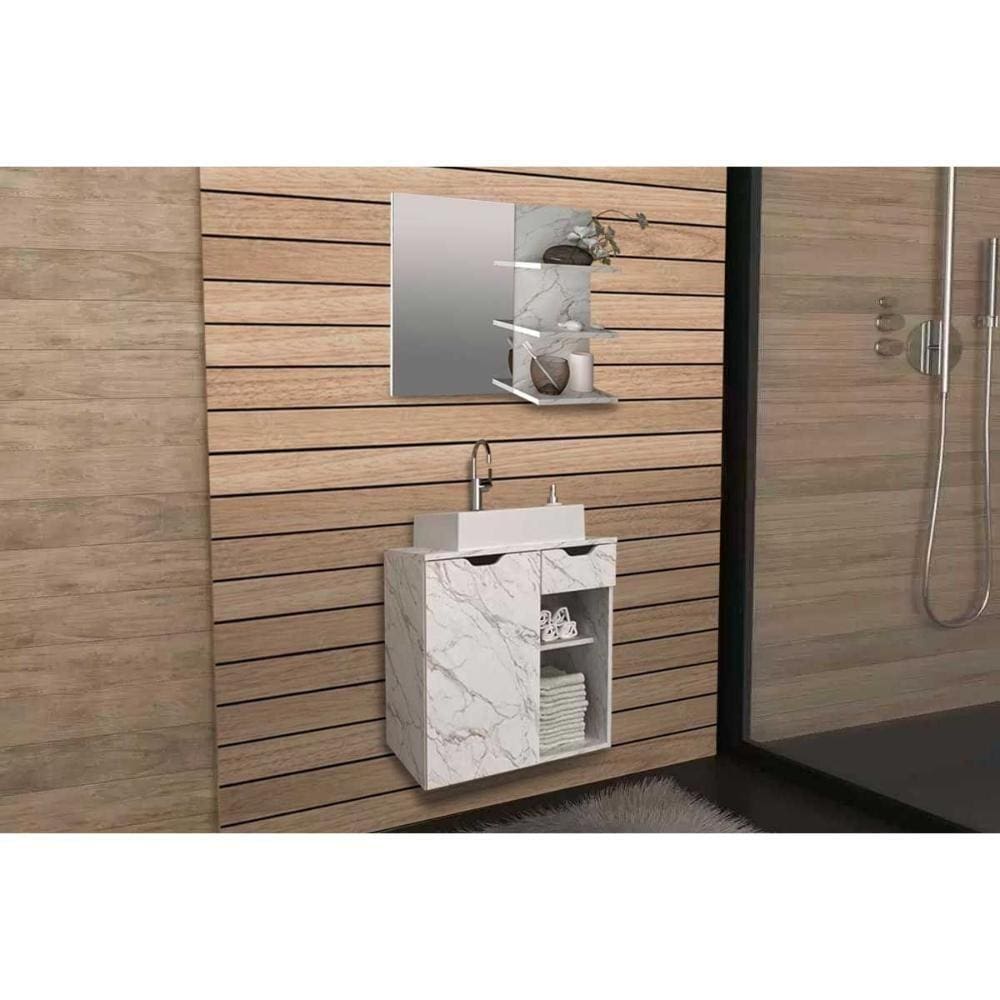 Conjunto De Banheiro Armário C- Espelho Bn3608 E Balcão Suspenso Bn3605 C- Cuba Pia Bn3600 60cm Cor Mármore Branco - Tecno Mobili