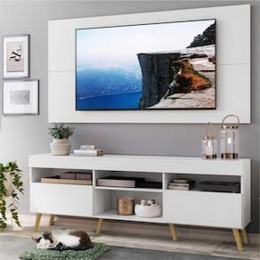 Rack com Painel TV 65" Londres Multimóveis Pés Retrô e 2 portas Branco/Natural