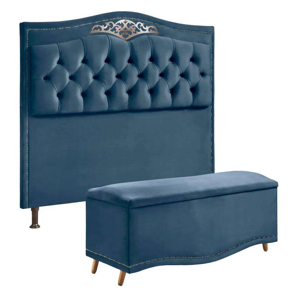 Conjunto Cabeceira E Calçadeira Holanda 140cm Veludo Luxor Azul Speciale Home Azul