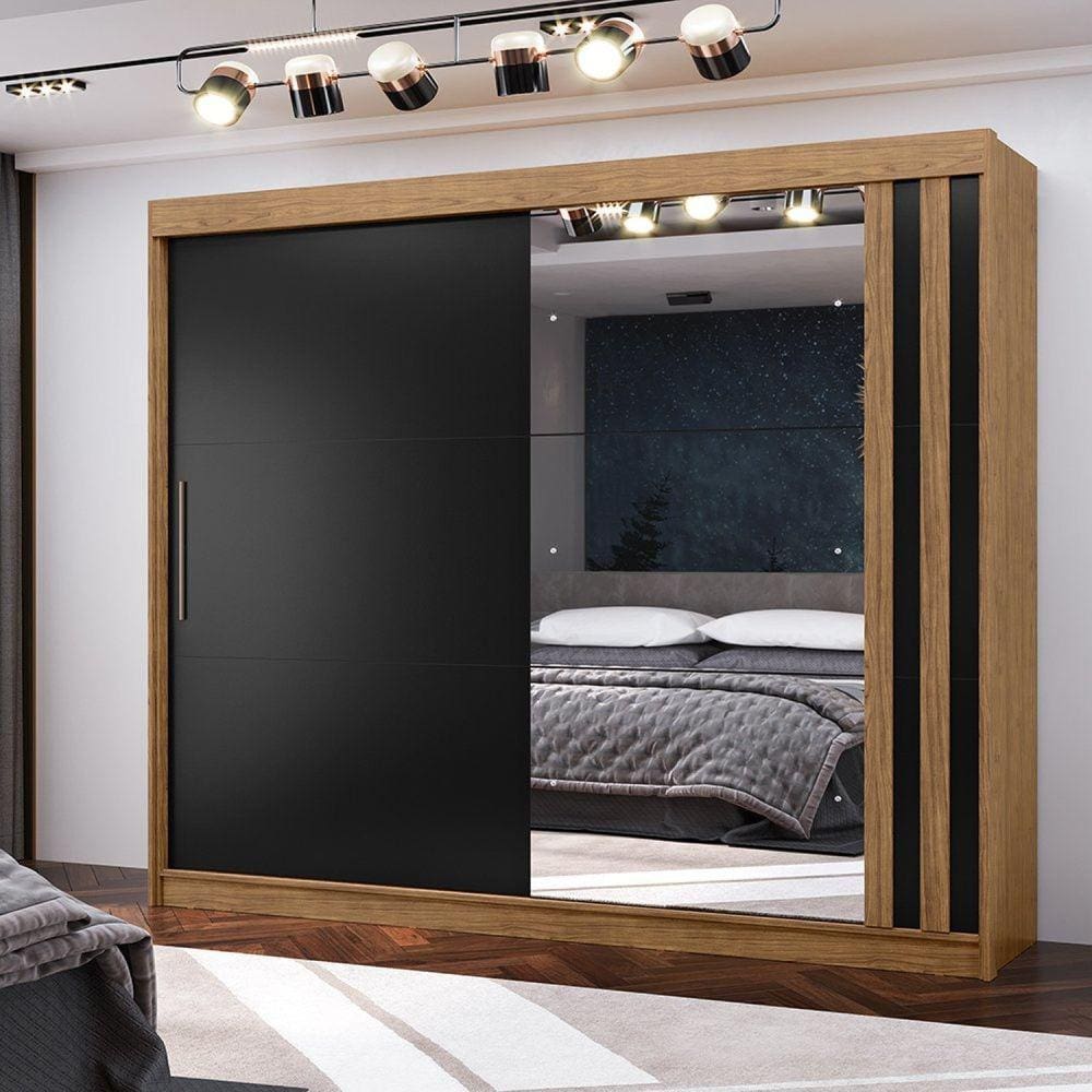 Guarda-roupa Casal 2 Portas de Correr 4 Gavetas com Espelho Seul Mx Móveis Freijó/Nero
