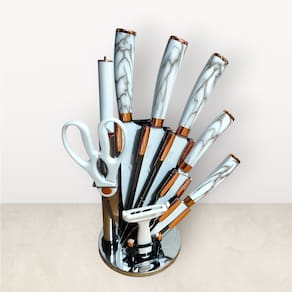 Conjunto de Facas de Cozinha em Inox com 8 peças + Suporte Giratório Faqueiro Profissional Mármore Branco
