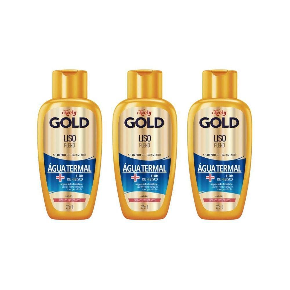 Shampoo Niely Gold 275Ml Água Termal Liso Pleno - Kit C/3Un