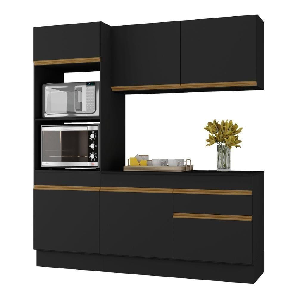 Armário De Cozinha Compacta 3 Peças Com Rodapé Mp2177 Made Multimóveis Preto/dourado Preto/dourado