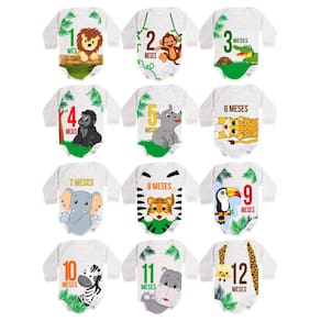 Kit Body Bebê Mês Aniversário Manga Longa Safari Selva 12 Bodies 1 a 12 Meses