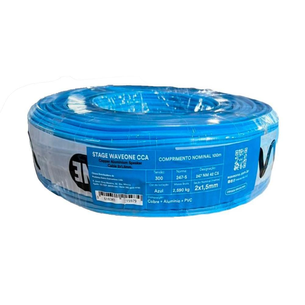 Cabo para Caixa Acústica Wave One STAGE 1.5 CCA Cobre com Alumínio 2x1.5mm 100 metros Bobina Azul