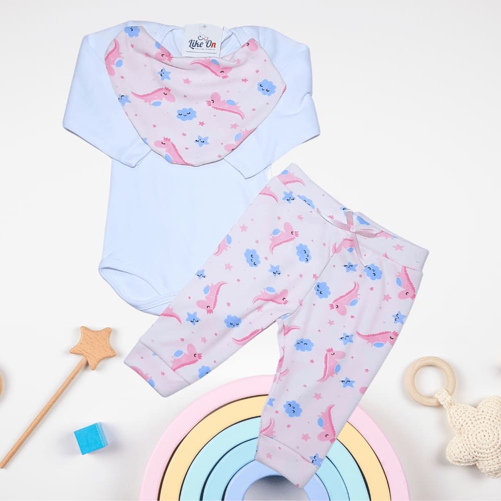 Kit Body Bebê Com Calça E Bandana Babador Like On Dinossauro Branco Rn Ao G