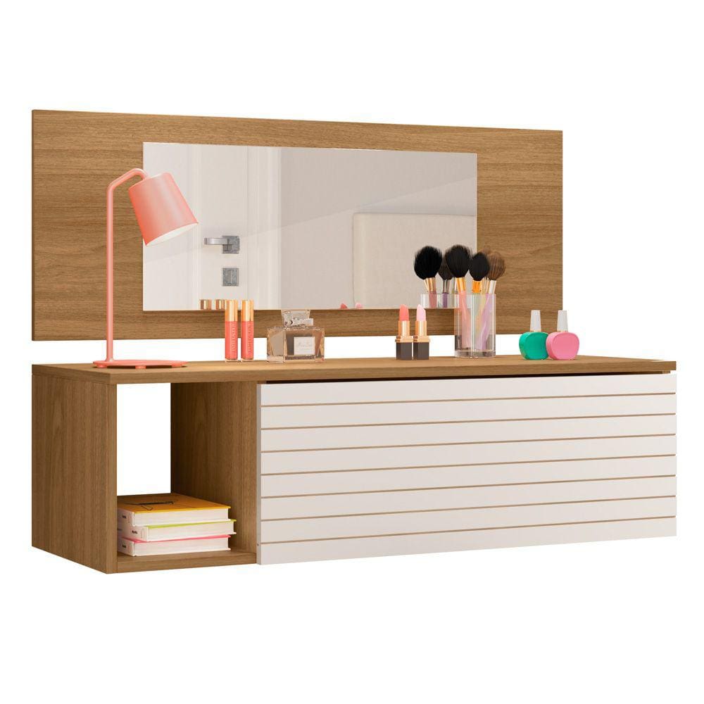 Penteadeira Mesa de Maquiagem Joy Suspensa 01 Gaveta com Espelho Nature Branco - Desk Design