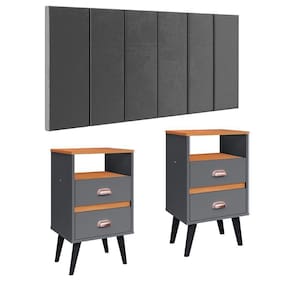 Cabeceira Modular Painel Cama Box Casal Queen 1,60 Júlia Jogo Quarto 2 Mesinhas Gavetas Multiuso Vintage Classic New Cinza/Cinamomo - RPM