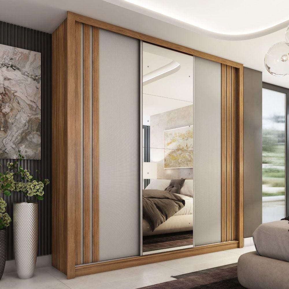 Guarda-Roupa Casal 3 Portas Moema Amêndola Touch/Nude-Preto Prime TX