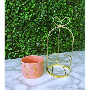 Vaso de Ceramica Tripé Laço em Metal Dourado 20x9,5cm Flores Plantas