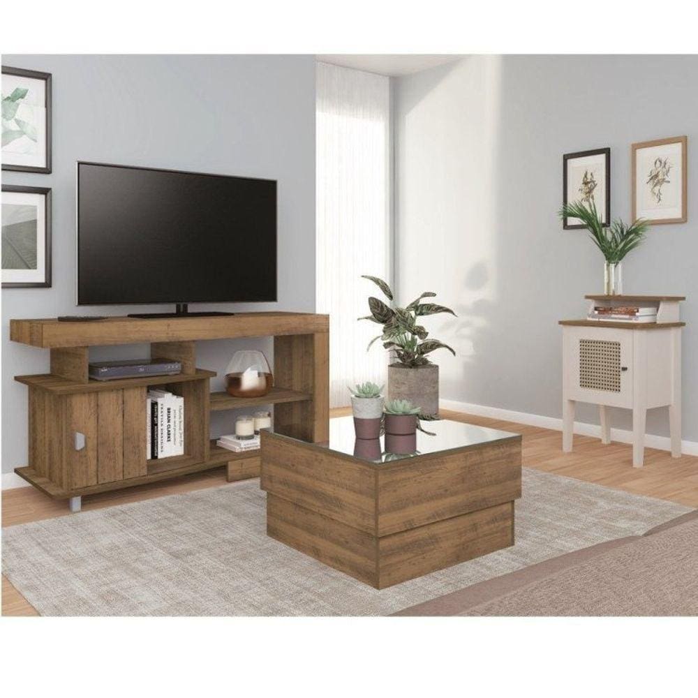 Conjunto Sala de Estar Rack para TV até 42 Pol Royal com Mesa de Centro e Mesa de Apoio Memphis Amêndoa/Off White