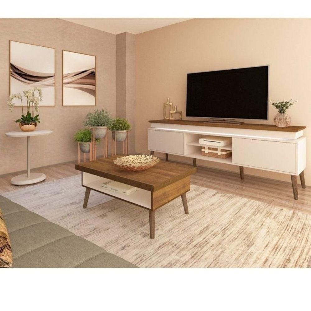 Conjunto Sala de Estar Rack para TV até 75 Pol com LED e Mesa de Centro Lucca com Mesa de Apoio Chic Pinho/Off White