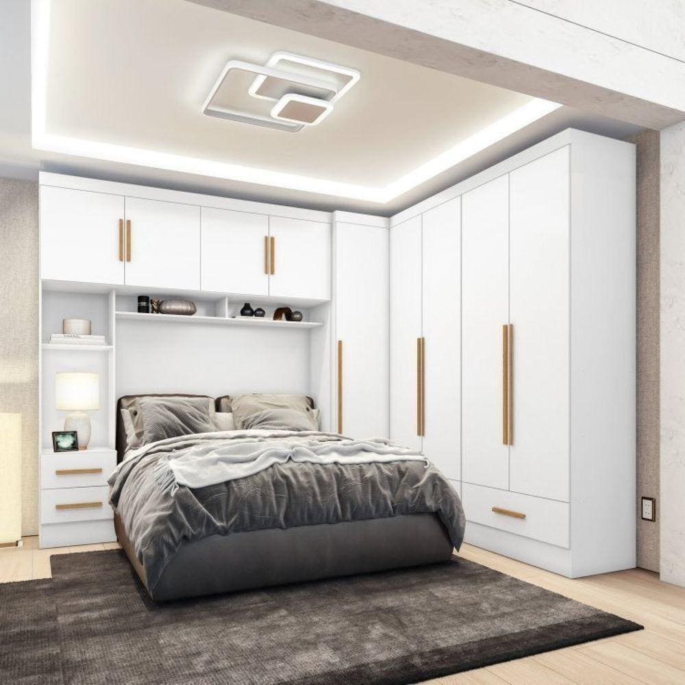 Quarto Modulado Casal Completo 4 Peças 5 Portas 4 Gavetas Com Maleiro Smart Plus Branco