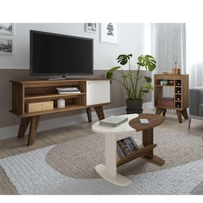 Conjunto Sala de Estar Rack para TV até 50 Pol Frank com Mesa de Centro Oval Isis e Bar com espelho Pinho/Off White