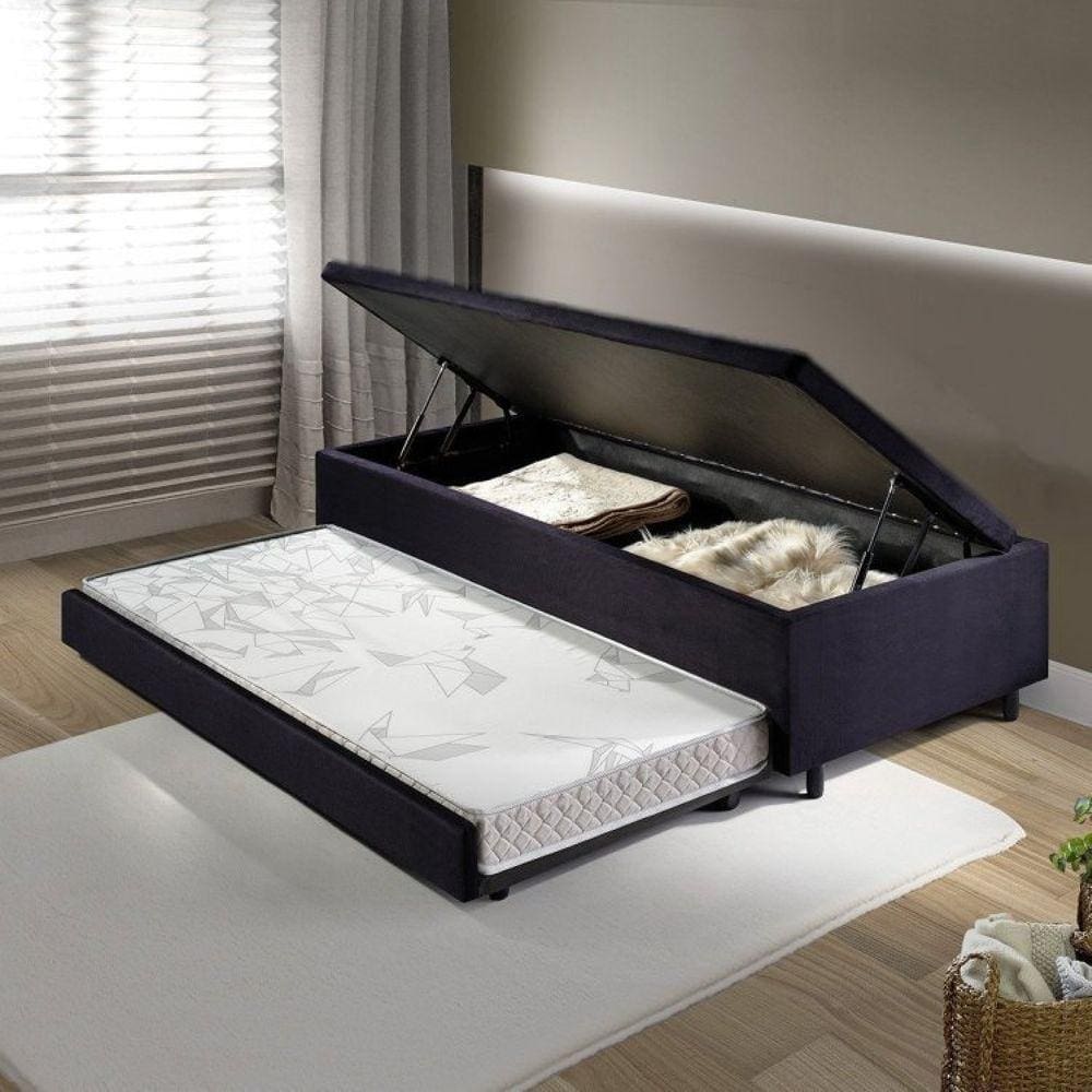 Bicama com Baú Viúva Reforçado 120x203 Cm em Suede Preto