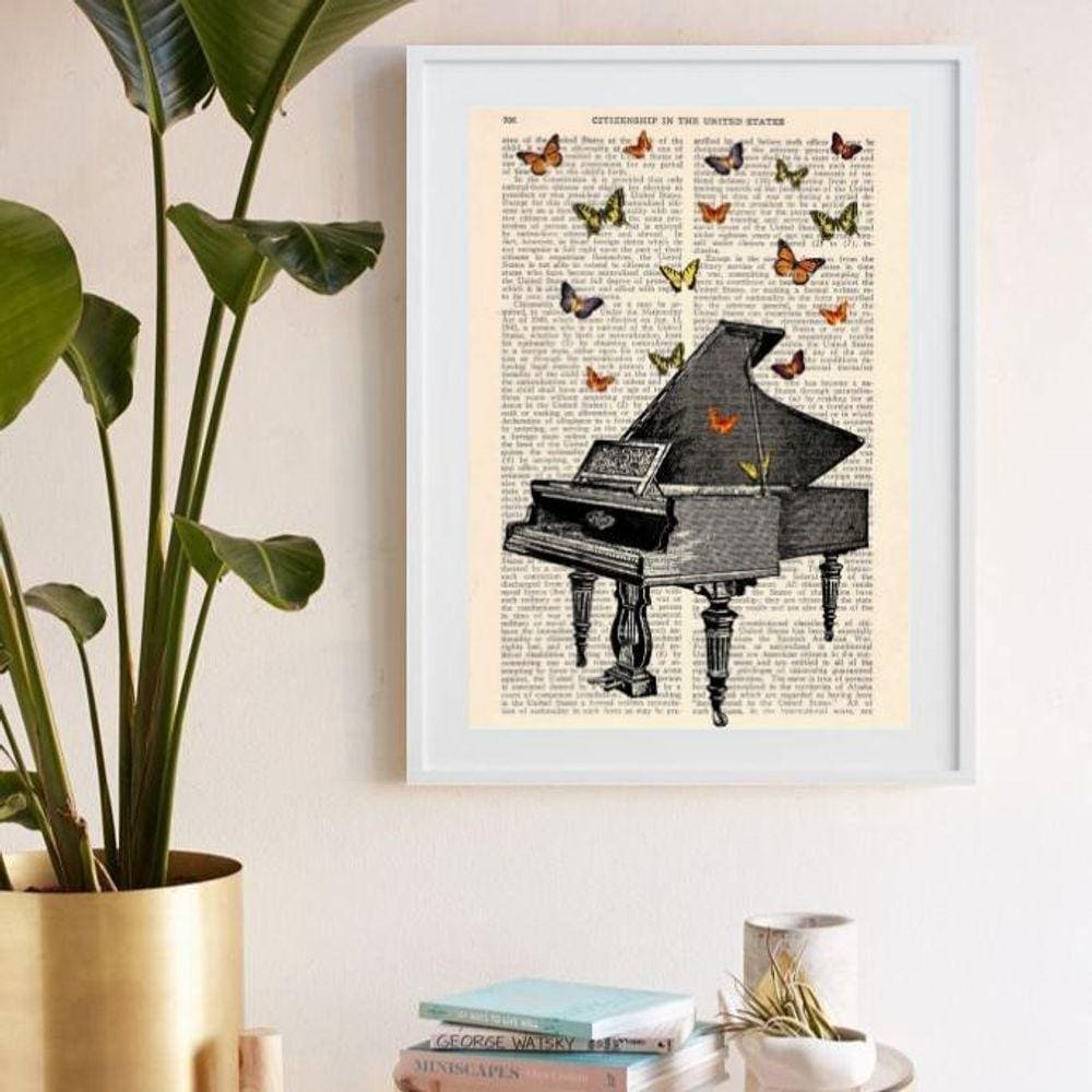 Quadro Decorativo Piano E Borboletas 60X48Cm