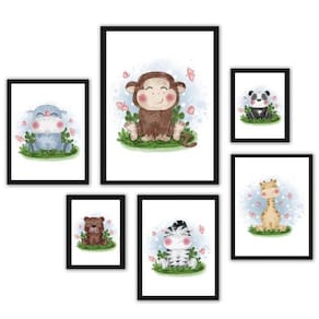 Kit 6 Quadros Infantis Tema Safari Aquarela