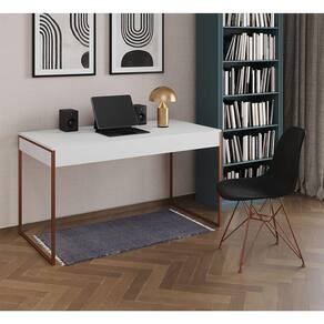 Escrivaninha Industrial Escritório Branca 137x53cm Malta com 1 Cadeira Eames Eiffel Preta Base Cobre