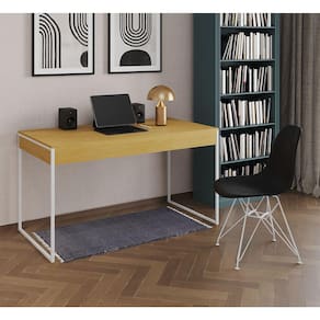Escrivaninha Industrial Escritório Malta Canela 137x53cm com 1 Cadeira Eames Eiffel Preta Base Ferro