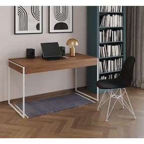 Escrivaninha Industrial Escritório Malta Amêndoa 137x53cm com 1 Cadeira Eames Eiffel Preta Base Ferr